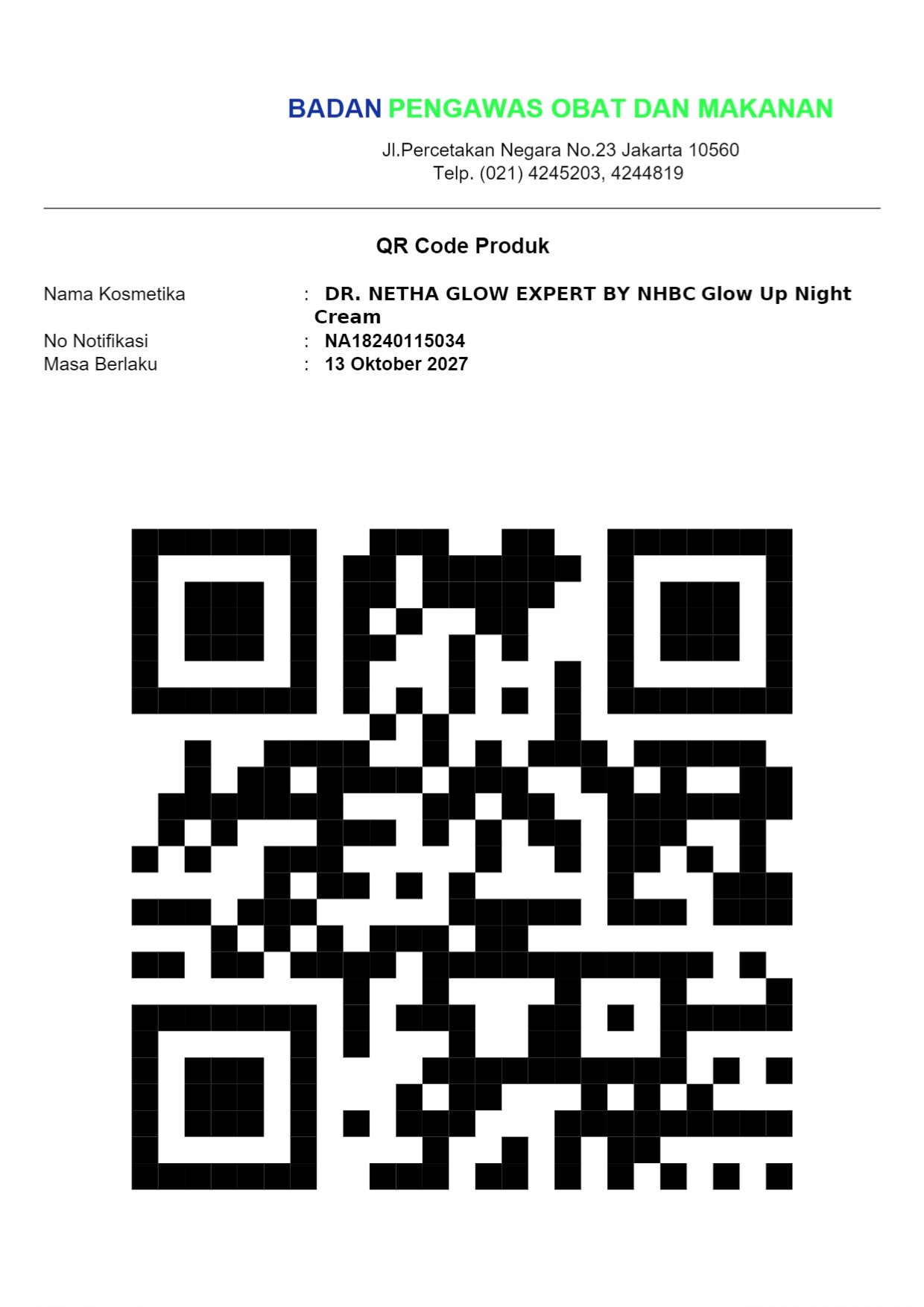 Nomor BPOM Glow Up Night Cream